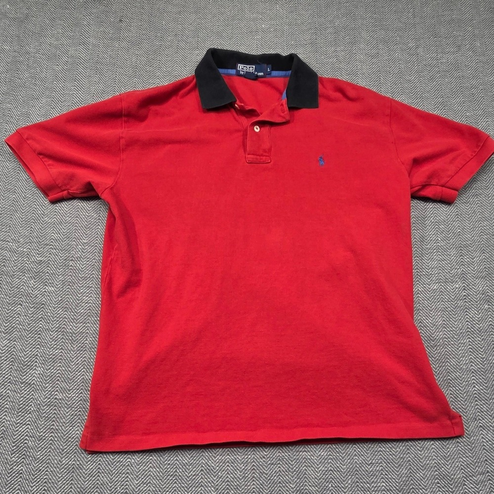 Polo Ralph Lauren Mens Large Red Navy Blue Collar Cotton Pique Polo Shirt L